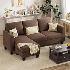 Convertible Sectional Sofa Couch, 3 Seat L-Shaped Sofa with Linen Fabric, Movable Ottoman Small Couch for Small Apartments