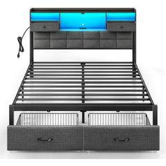 Bed Frame King Size with Drawers and Charging Station, Upholstered Platform Bed with Storage Headboard and LED Light