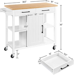 Kitchen Island Cart with Bamboo Countertop, Rolling Kitchen Storage Trolley with 2 Drawers and Adjustable Shelves, Compartment