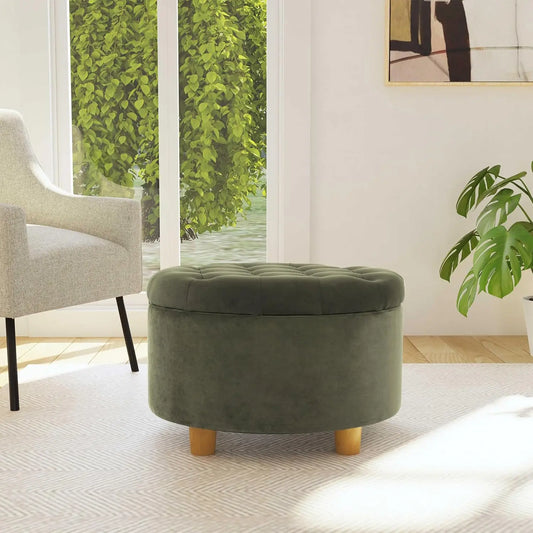 Home Decor | Large Button Tufted Velvet Round Storage Ottoman | Ottoman with Storage for Living Room & Bedroom, Loden Gr