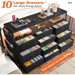 Dresser TV Stand with 10 Drawers for 55" TV Stand for Bedroom with LED Lights & Power Outlets Wide Dresser for Bedroom Shelves