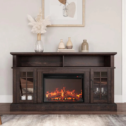 58" Rustic TV Stand w/ 23" Electric Fireplace Heater w/Sound, for TV up to 65" with Open Storage Shelves & Cabinets - Espresso