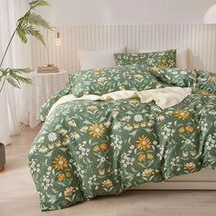 Duvet Cover Queen 100% Cotton, Green Garden Flower Pattern Bedding Duvet Cover Set Full Queen with Pillowcases Durable Zipper