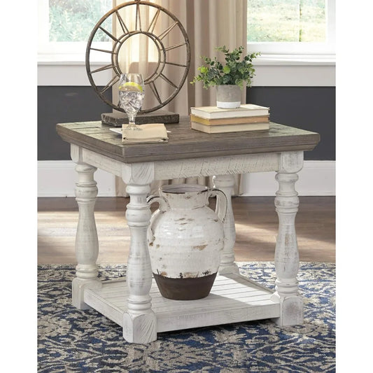 Havalance Farmhouse Square End Table with Floor Shelf, Vintage Gray & White with Weathered Finish