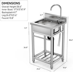 Utility Sink Stainless Steel Commercial Restaurant Kitchen Sink with Cold & Hot Water Pipe, Laundry Tub For Indoor Outdoor