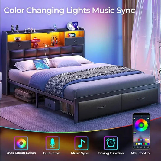 Bed Frame Queen Size with Drawers and Charging Station, Upholstered Platform Bed with Storage Headboard and LED Light,Bed Frames