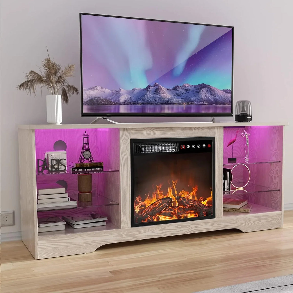 Fireplace TV Stand with 18''-Fireplace, Modern Entertainment Center for TVs up to 70 in, Media TV Console(Beige)