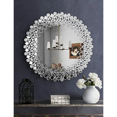 Luxury Round Decorative Wall Mirror Bedroom Livingroom Hallway Gorgeous Mosaic Design HD Silver Mirror Easy to Mount 31.5'' x