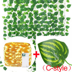 Artificial Plants Rattan Green Ivy Leaf with String Lights DIY Garland Wedding Party Decoration Home Room Wall Hanging Plants