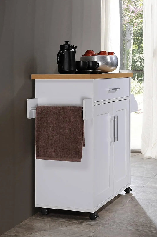 Kitchen Island with Spice Rack, Towel Rack & Drawer, White with Beech Top, 15.5 x 35.5-44.9 x 35.2 inches