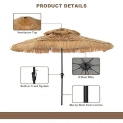 10ft Tiki Umbrella with LED Lights Thatched Patio Umbrella Hawaiian Style Beach Umbrellas Pool Umbrella for Outdoor Tiki Bar, Tr