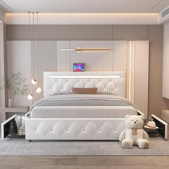 Bed Frame with 4 Drawers and LED Light, Charge Station, PU Leather Upholstered Platform Storage Bed with Adjustable Headboard