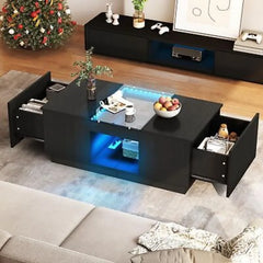 LED Coffee Tables Rectangle Center Table with Charging Station & Storage Drawers