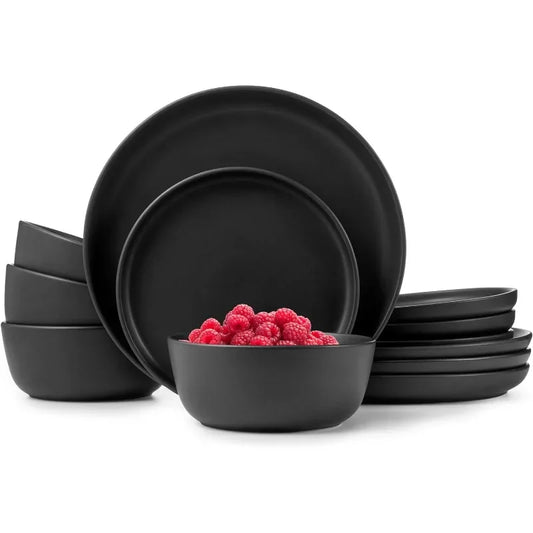 Dinnerware Sets, Stoneware Dinnerware Sets, Plates and Bowls Sets, Dishes, 12-Piece Service for 4, Matte Black