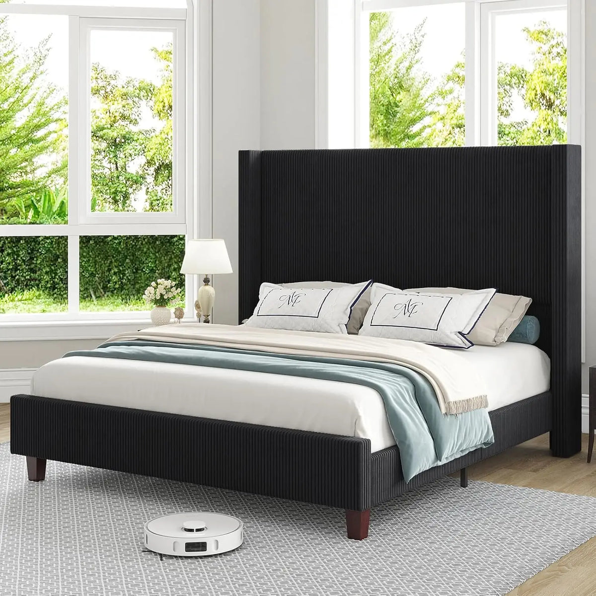 King Size 61" Corduroy Upholstered Bed Frame, Platform Beds with Vertical Stripe Wingback Headboard Bed