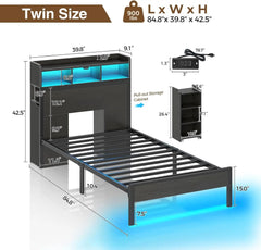 Bed Frame with Bookcase Storage Headboard,Slide Out Bedside Storage, Bed with Charging Station&LED Lights Heavy Duty Metal Slats