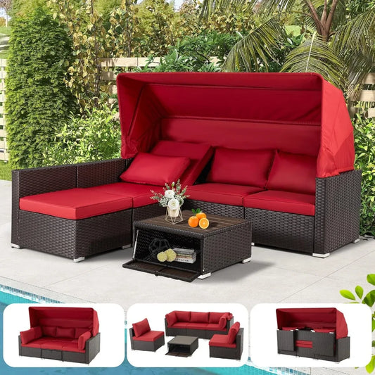 6 Pieces Patio Furniture Sets, Rattan Daybed with Retractable Canopy, Outdoor Sectional Sofa Set, Garden Furniture Sets