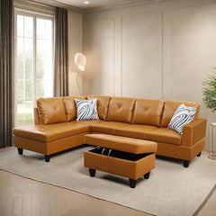 L Shaped Sofa with Ottoman Modern Sectional Living Room,Bedroom,Office,L Couch Brown