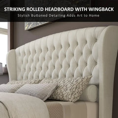 King Size Platform Bed Frame, Chenille Upholstered Sleigh Bed with Scroll Wingback Headboard & Footboard/Button Tufted Cream