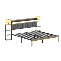 Queen Size Bed Frame with Bookcase Upholstered Headboard, Metal Platform Bedframe with Storage Nightstand and Table Lamp, Bed