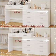 Irontar Vanity Desk with Large Mirror and 3-Color Lights, Makeup Vanity with 8 Drawers & Open Shelf, Side Cabinet