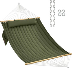 Double Quilted Fabric Hammock with Hardwood Spreader Bars and Pillow