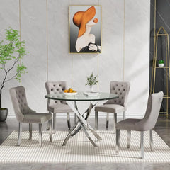 36'' 5 Piece Dining Table Set, Glass Dining Table with 4PCS Gray Tufted Dining Chairs, Silver Legs, Table and Chair Set for 4