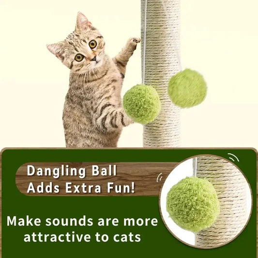 Cat Scratching Post with Hanging Balls, Natural Sisal Rope Scratch Post Tree Kitten Interactive Toy with Wooden Track Ball