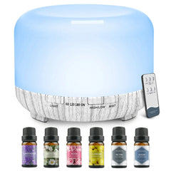 500ML Aromatherapy Oil Diffuser, Aroma Diffuser with 6 Bottle 10ML Essential Oil Set (Lavender/Rose/Jasmine/Lemon/Hilton/Ocean)