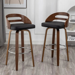 Bar Stools Set of 2, Swivel Bar Height Stools with Low Back, Wood Bar Chairs with Soft Cushion Seat, 30.31-Inch Seat Height