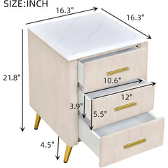 3-drawer Bedside Table with Metal Legs and Handles, Cushioned Bedside Table with Artificial Marble Countertop