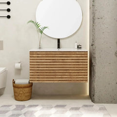 Floating Bathroom Vanity with Sink Combo Mid-Century Wall Mounted Cabinet Set with Wood Stripes, Drawers