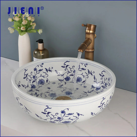 JIENI Circular Blue And White Porcelain Ceramic Basin Set W/ Antique Bamboo Shaped Faucet And Pop Drain Bathroom Sink Lavabo