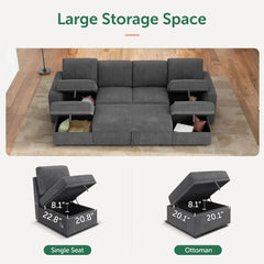 Modular Sectional Sleeper Sofa Bed, Corduroy Pull Out Couch with Storage Ottoman, U Shaped Sectional Couches for Living Room