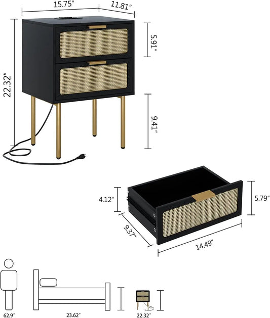 Rattan Nightstand with Charging Station, 2 Drawer Dresser for Bedroom, Small Bedside Table with 2 Drawers, Night Stand,