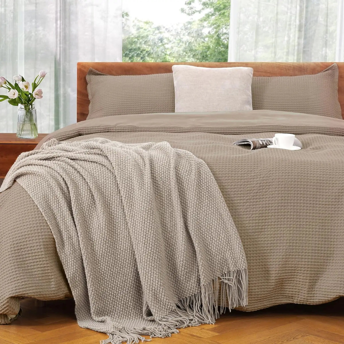 Duvet Cover Set King Size 100% Cotton,Light Gray Waffle Weave Soft and Breathable 3 PCs Bedding Set (1 Duvet Cover and 2 Pillow