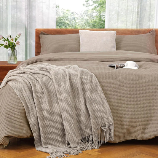 Duvet Cover Set King Size 100% Cotton,Light Gray Waffle Weave Soft and Breathable 3 PCs Bedding Set (1 Duvet Cover and 2 Pillow