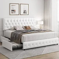 King Size Bed Frame with 4 Storage Drawers, Button Tufted Headboard Design, Soft Velvet, Modern Upholstered Bed Frame