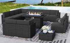 15 Piece Patio Furniture Set with Fire Pit Table, Outdoor Conversation Sets Wicker Rattan Sectional Sofa with Coffee Table