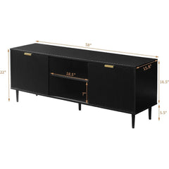 Black TV Stand,  65+ Inch TV, Fluted Panel Media Console with Sliding Doors & Ajustable Shelves,Stand with Storage Cabinets