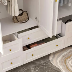 Large Wardrobe Armoire Closet with 4 Doors, White Wardrobe with Hanging Rods and Drawers, Top Cabinets, Bedroom Armoire