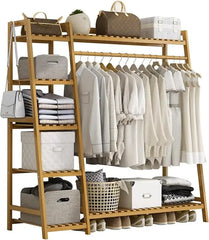 Bamboo Clothing Garment Rack 7 Tier Storage Shelf Coat Clothes Hanging Rack, Portable Wardrobe Closet Organizer With Top Shelf,