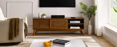 59 Inch Mid Century Modern TV Stand with Rattan Cabinet Doors