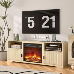 68" Fireplace TV Stand for TVs up to 70" with 23" Electric Heater, Media Console Cabinet with Storage Shelves, Fluted Door