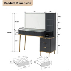 Fluted Makeup Vanity Desk with 36" HD Lighted Mirror,Vanity Desk with Mirror and Lights, Dressing Table with 5 Drawers & Shelves