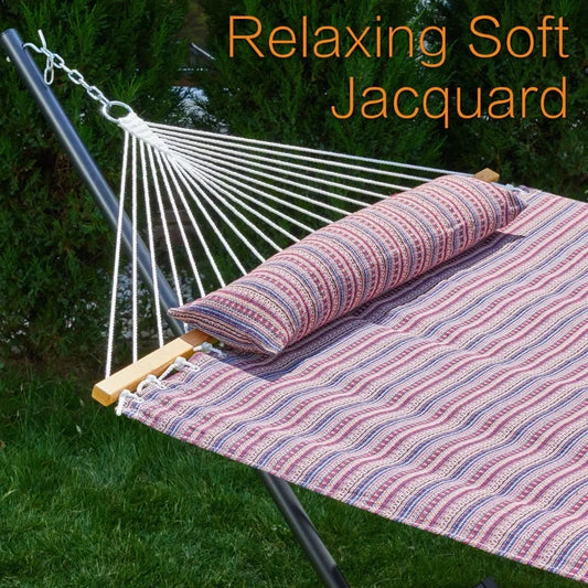 55'' Width Double Jacquard Hammock with Stand Included Heavy Duty Outside Two Person Hammocks with Hardwood Spreader Bar