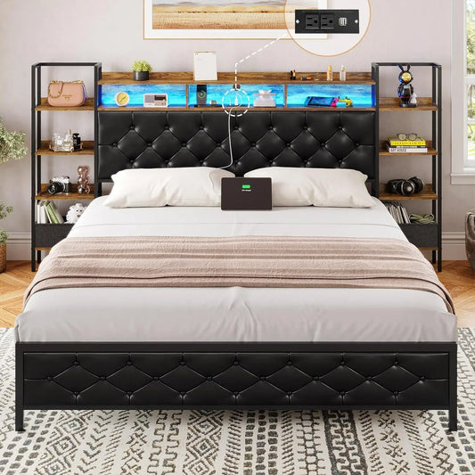 Bed Frame with Bookcase Storage Headboard and Charging Station,Metal Led Platform Bed,LED Lights,No Box Spring Needed,Bed Frames