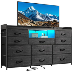 Dresser TV Stand with TV Stand for Bedroom with LED Lights & Power Outlets Long Dresser for Bedroom with Shelves