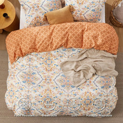 Bedsure Duvet Cover Queen Size - Reversible Bohemian Orange Duvet Cover Set with Zipper Closure, Damask Patterned Bedding