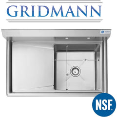 GRIDMANN Stainless Steel 1 Compartment Utility Sink with Left Drainboard, NSF Certified Commercial Kitchen Sink